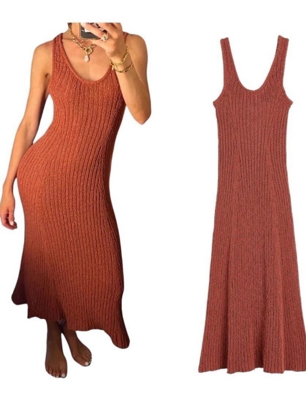H&M Ribbed Stretchy Knit Scoop Neck Flared Hem Sleeveless Maxi Dress